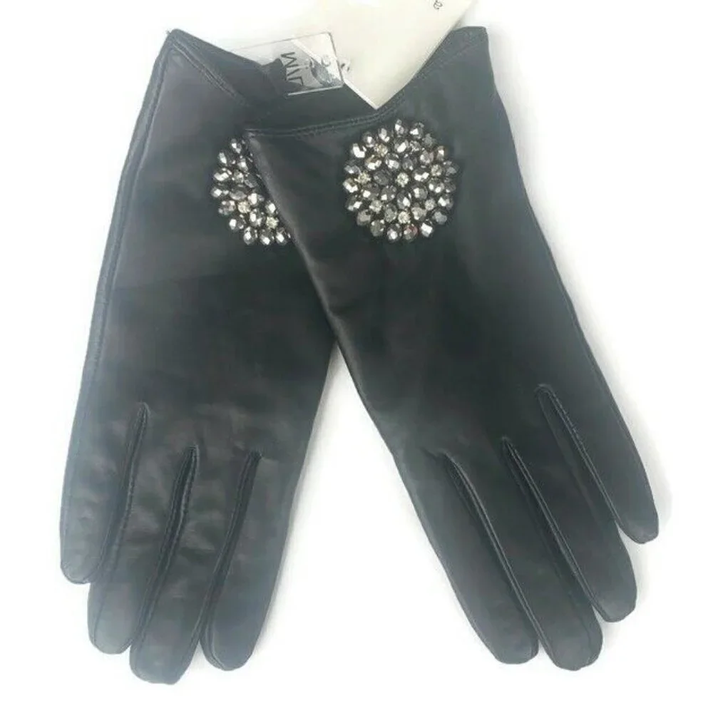 Leather Tech Touch Screen Gloves with Broach Womens XS/S Black Winter